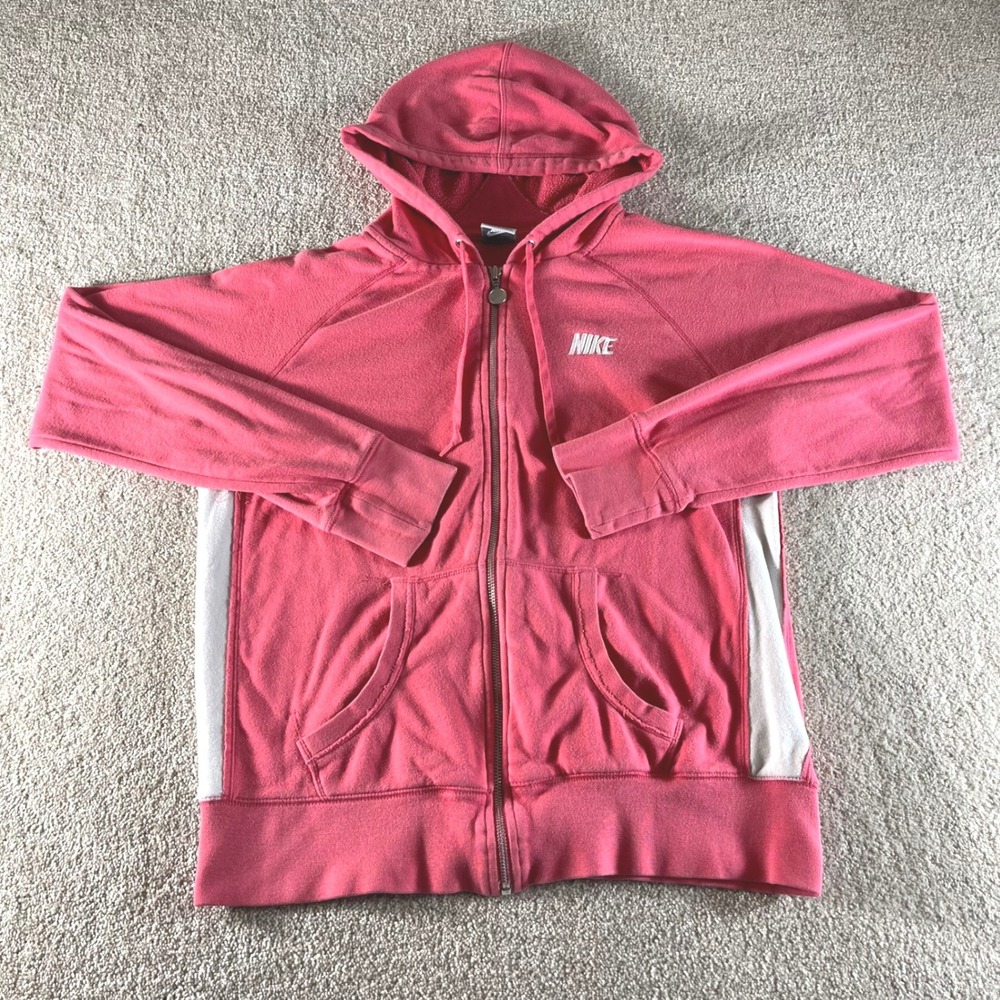 Nike Full Zip Hoodie Womens Large Pink White Sporty Raglan Fleece Jacket